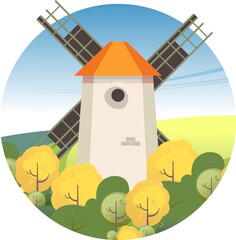 Wall Mural - illustration countryside windmill among trees