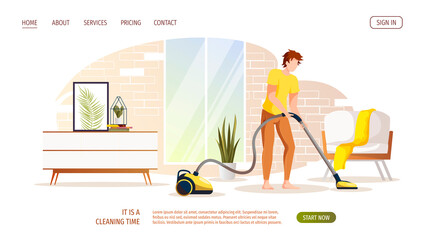 Man vacuuming floor. Housework, cleaning home, tidy, sweep-up, interior design concept. Vector illustration for poster, banner, advertising, website.