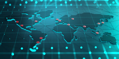 Poster - Technological innovation. Map of continents with points of largest agglomerations. 3d illustration with shallow depth of field