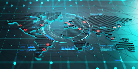 Poster - Technological innovation. Map of continents with points of largest agglomerations. HUD element. 3d illustration with shallow depth of field