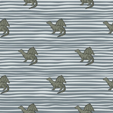 Hand Drawn Grey Dragon Silhouettes Seamless Pattern. Striped Background With Whiye And Blue Lines.