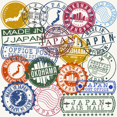 Yokohama Japan. Set of Stamps. Travel Stamp. Made In Product. Design Seals Old Style Insignia.