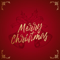Wall Mural - merry christmas abstract vector retro label, sign or card template. hand drawn bells with ribbon and