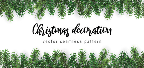 Wall Mural - vector seamless coniferous branch christmas horizontal pattern or frame isolated on white background