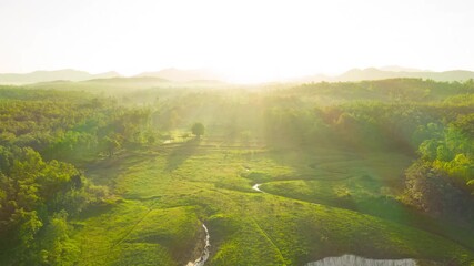 Wall Mural - hyper lapse video 4k, aerial view beautiful of morning scenery golden light sunrise and the mist flo