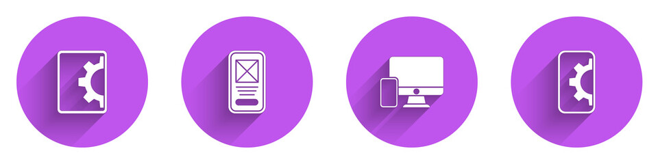 Set Web development, UI or UX design, Monitor and mobile and icon with long shadow. Vector.