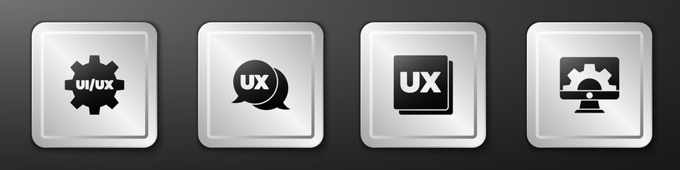 Set UI or UX design, , and Web development icon. Silver square button. Vector.