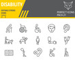 Disability line icon set, disabled people collection, vector sketches, logo illustrations, disability icons, disabled signs linear pictograms, editable stroke.