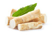 Horseradish root with leaf on white background