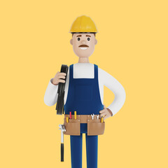 Electrician construction worker with tools and with a wire 3D illustration in cartoon style.