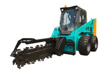 Chain Trencher Fixed On Skid Steer Loader ( Isolated On A White Background ). To Dig Trenches, Typically For Laying Pipes And Cables, And For Drainage.