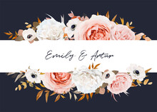 Vector Watercolor Wedding Invite, Save The Date Card Design. Blush Peach, Pink, Ivory White Rose, Anemone Flowers, Beige, Brown, Orange Eucalyptus Leaves Bouquet Elegant Border On Navy Blue Background