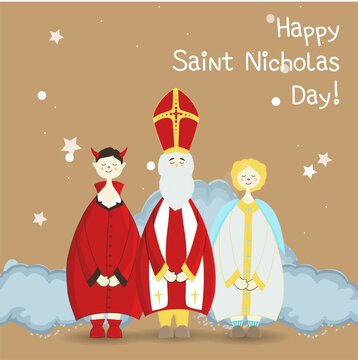 St. Nicholas Day greeting poster. Winter holiday postcard