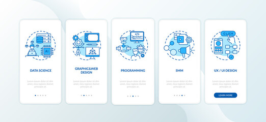 Top careers in IT for creative thinkers onboarding mobile app page screen with concepts. Graphic web creation walkthrough 5 steps graphic instructions. UI vector template with RGB color illustrations