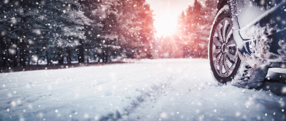 Canvas Print - Car tires on winter road covered with snow