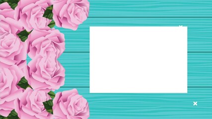 Sticker - pink roses flowers with square frame in wooden background animation