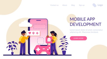 Virtual world development, mobile games development. Programmers are working on creating the game. Modern flat illustration.