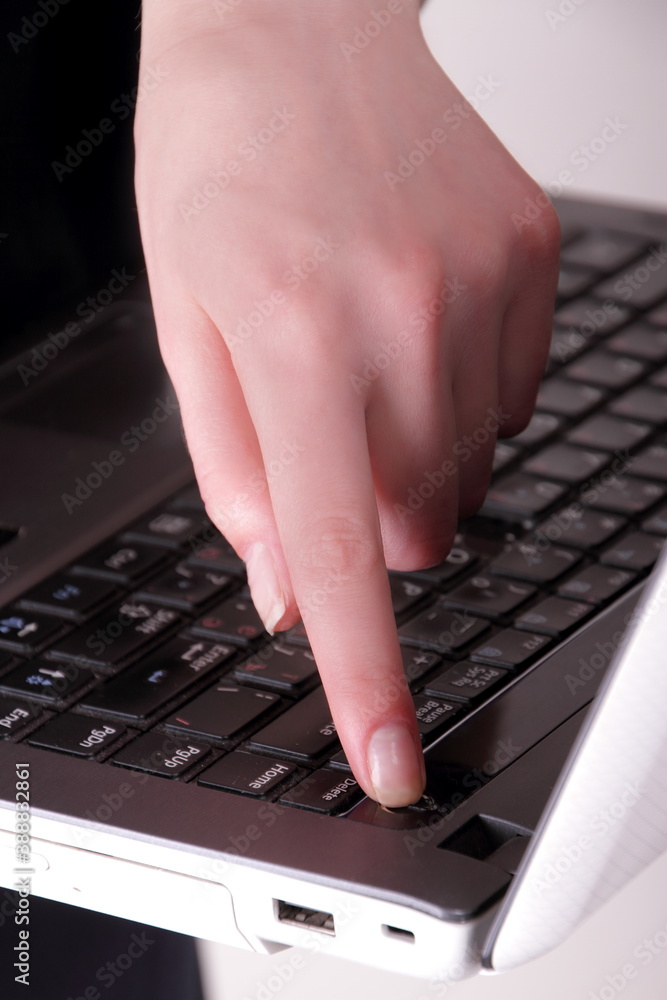 human hand press shutdown button on computer keyboard Stock Photo ...