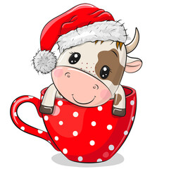 Canvas Print - Cartoon Bull in a Santa hat is sitting in a Cup