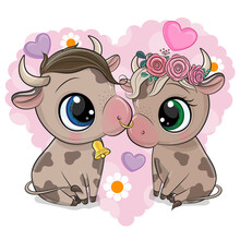 Cartoon Cow And Bull On A Heart Background