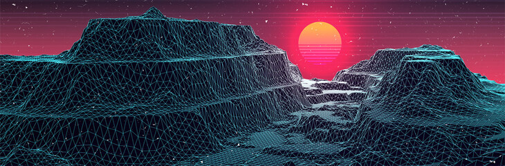 Wall Mural - 80s sunset over wireframe landscape. synthwave sun. retro futuristic virtual land. sci-fi 3d compute