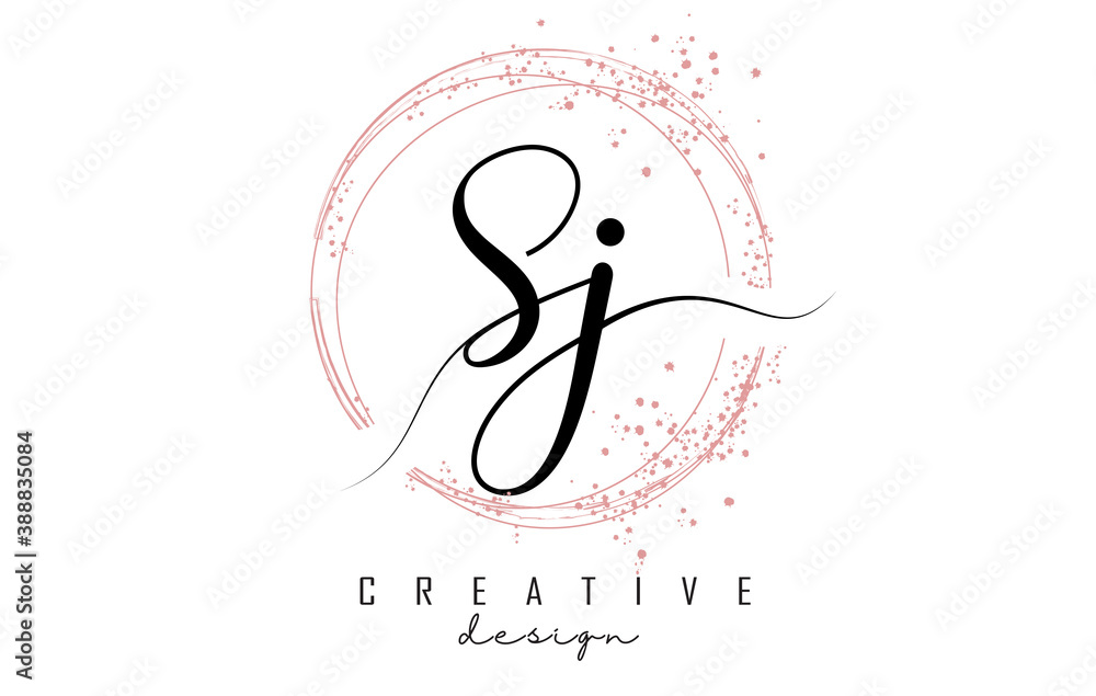 Handwritten Sj S j letter logo with sparkling circles with pink glitter ...