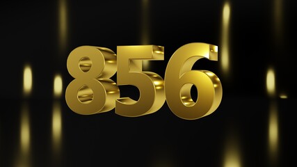 Number 856 in gold on black and gold background, isolated number 3d render