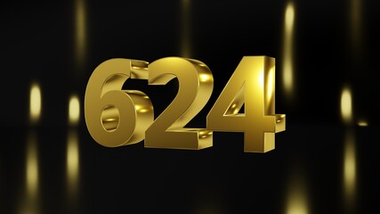 Number 624 in gold on black and gold background, isolated number 3d render