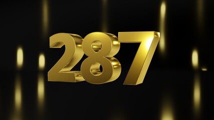 Number 287 in gold on black and gold background, isolated number 3d render