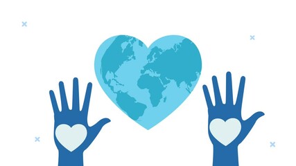 Canvas Print - world heart day animation with hands up and earth with heart shape