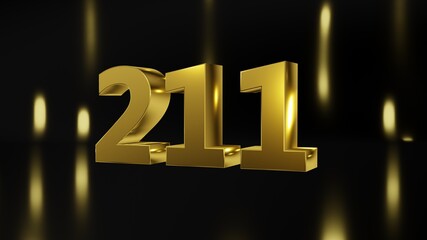 Number 211 in gold on black and gold background, isolated number 3d render