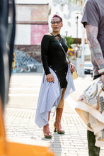 Portrait Confident Stylish Mature Woman On Sunny City Street Corner