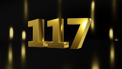 Number 117 in gold on black and gold background, isolated number 3d render