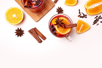 Two cups of mulled wine and ingredients. View from above. Christmas winter drink