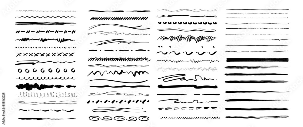Set of vector grunge brushes. Abstract hand drawn ink strokes. Vintage hand drawn underline border elements, pencil sketch stroke decoration. Vector illustration - obrazy, fototapety, plakaty 