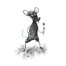 Funny Black Mouse With A Flower In Its Paw, Hand Drawing, With Textures