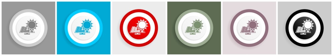 Poster - Sun over solar panel icon set, colorful flat design vector illustrations in 6 options for web design and mobile applications
