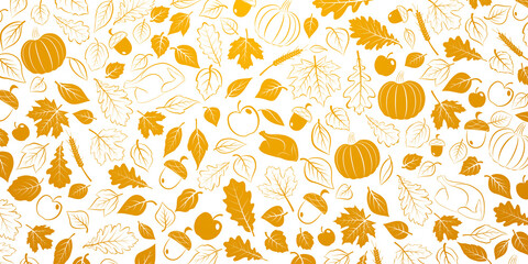 Happy Thanksgiving background with autumn leaves, vegetables and turkey, orange on white