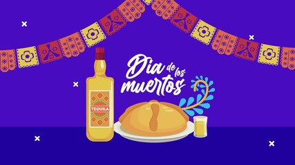 Canvas Print - dia de los muertos lettering celebration with tequila and sweet pie