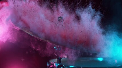 Poster - Super slow motion of drummer banging on cymbal with colored powder explosion. Filmed on high speed cinema camera, 1000 fps.