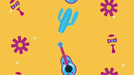 Poster - dia de los muertos celebration with cactus and instruments pattern