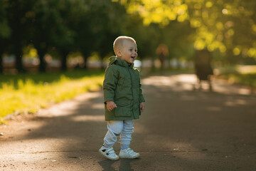 a cheerful child walks in the park