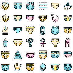 Sticker - Diaper icons set. Outline set of diaper vector icons thin line color flat on white