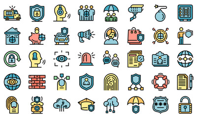security service icons set. outline set of security service vector icons thin line color flat on whi