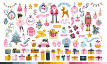 Big Christmas Set For A Princess. Cute Characters, Santa, Toys, Christmas Tree, Sweets And Gifts. Cute Palette Of Sweets. Vector Illustration In Childish Hand-drawn Scandinavian Style. Pastel Palette