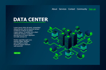 Datacenter, hosting server or data center room concept. Concept of big data processing center, cloud database, vector illustration