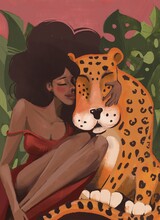 A Man Strokes And Hugs A Leopard. Girl Sitting In A Hug With A Leopard.