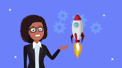 Sticker - successful afro businesswoman with rocket startup and gears