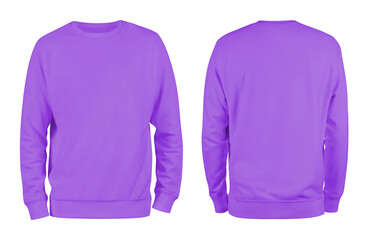 Men's violet blank sweatshirt template,from two sides, natural shape on invisible mannequin, for your design mockup for print, isolated on white background..