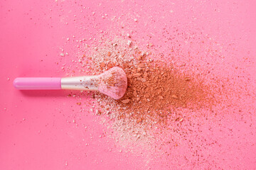 Poster - Make up brushes with powder on pink background